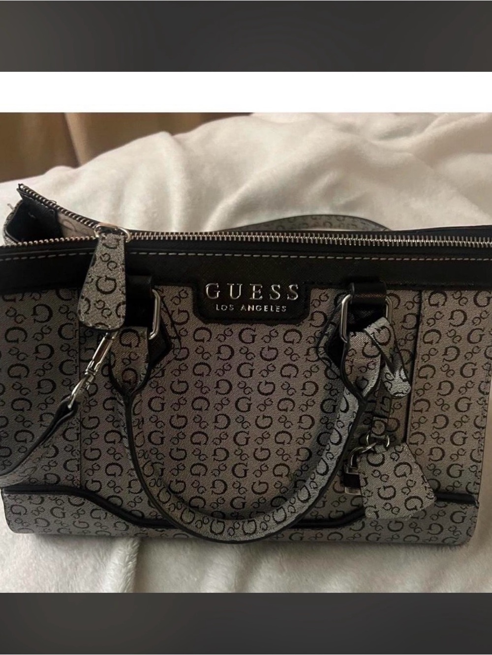 GUESS Monogram Satchel in Gray and Black